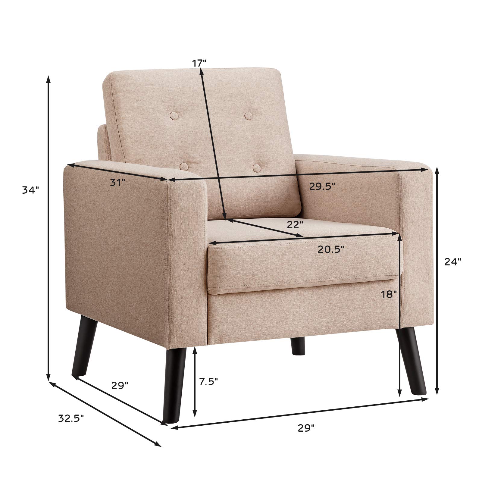 ReunionG Modern Accent, Mid Century Armchair W/Rubber Wood Legs, Linen Single Sofa W/Fabric Cushion, Upholstered Arm Chair for Living Room, Office, Bedroom (Beige)