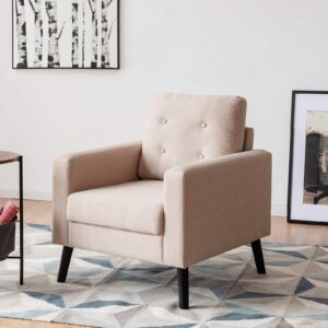 ReunionG Modern Accent, Mid Century Armchair W/Rubber Wood Legs, Linen Single Sofa W/Fabric Cushion, Upholstered Arm Chair for Living Room, Office, Bedroom (Beige)