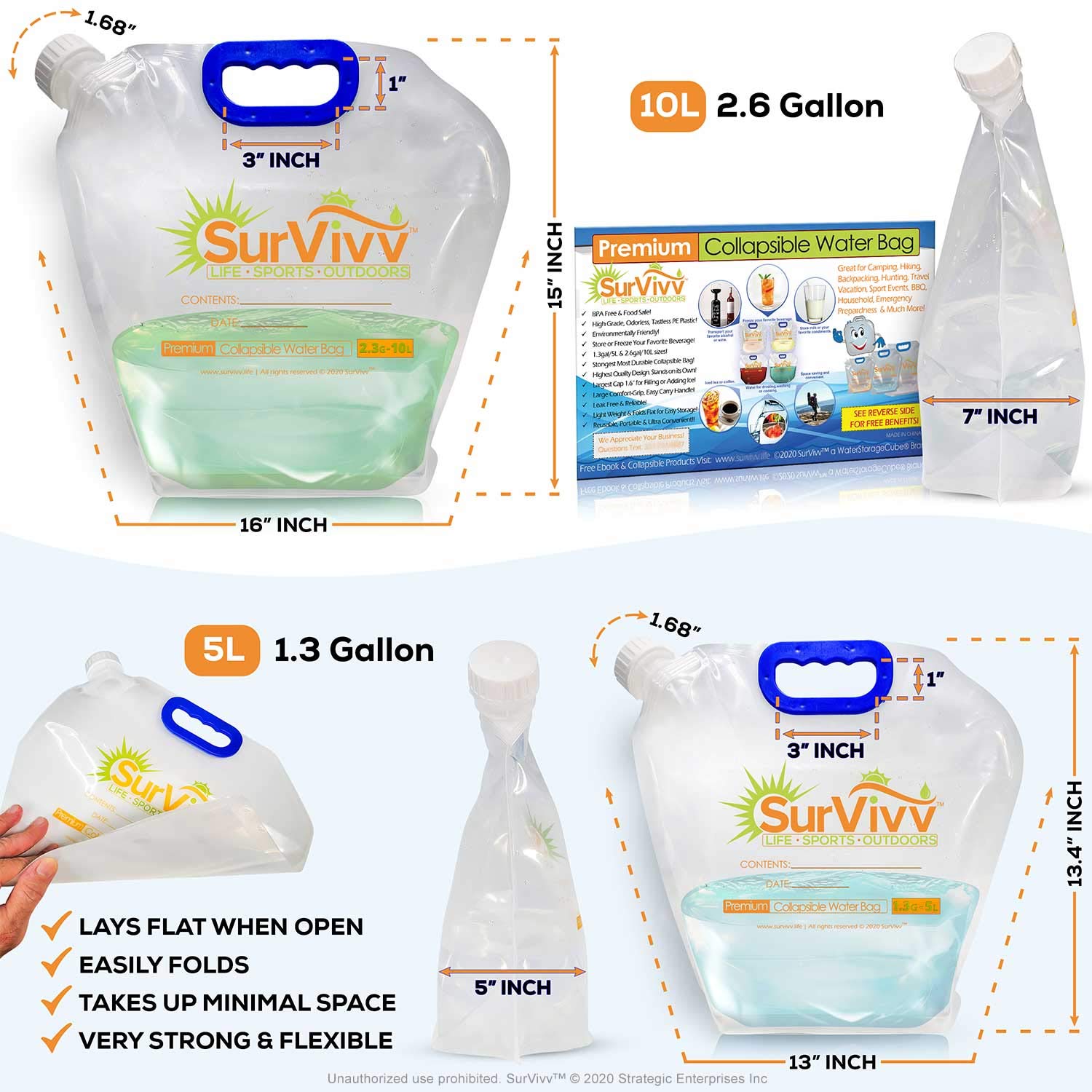 SurVivv Premium Collapsible Water Container Bag, No-Leak, Freezable, Odorless, Flat Folding, BPA Free Food Grade Clear Plastic Storage Tank for Sports Outdoors Camping (1.3 Gal 5Pk)