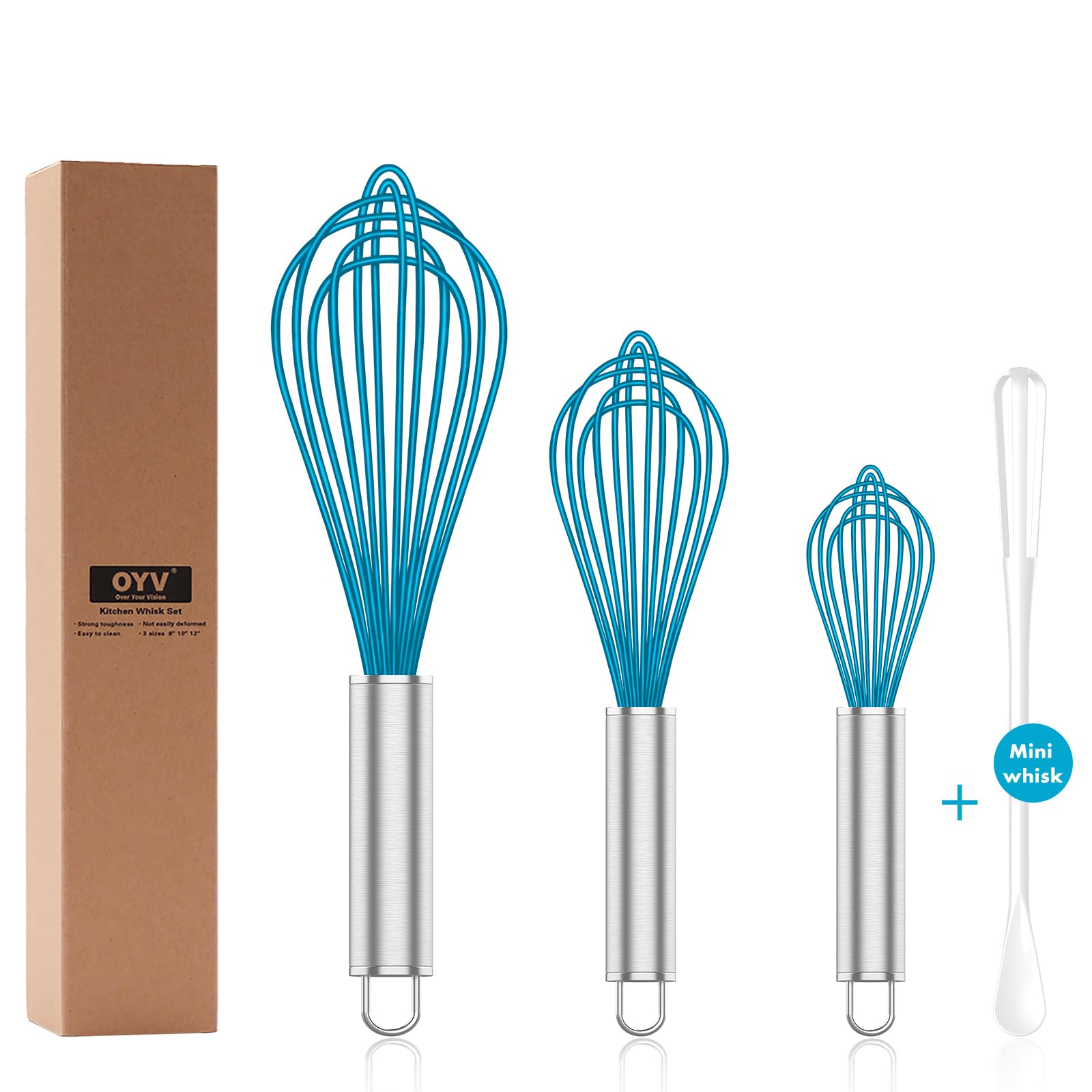 OYV Silicone Whisk,Professional Whisks For Cooking Non Scratch,Stainless Steel & Silicone Wisk,Plastic Rubber Whisk Tool For Nonstick Cookware Pans,Silicon Wisks Set of 4,Blue.