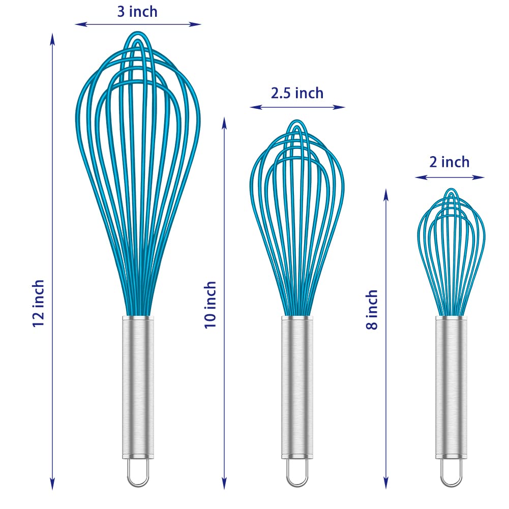 OYV Silicone Whisk,Professional Whisks For Cooking Non Scratch,Stainless Steel & Silicone Wisk,Plastic Rubber Whisk Tool For Nonstick Cookware Pans,Silicon Wisks Set of 4,Blue.