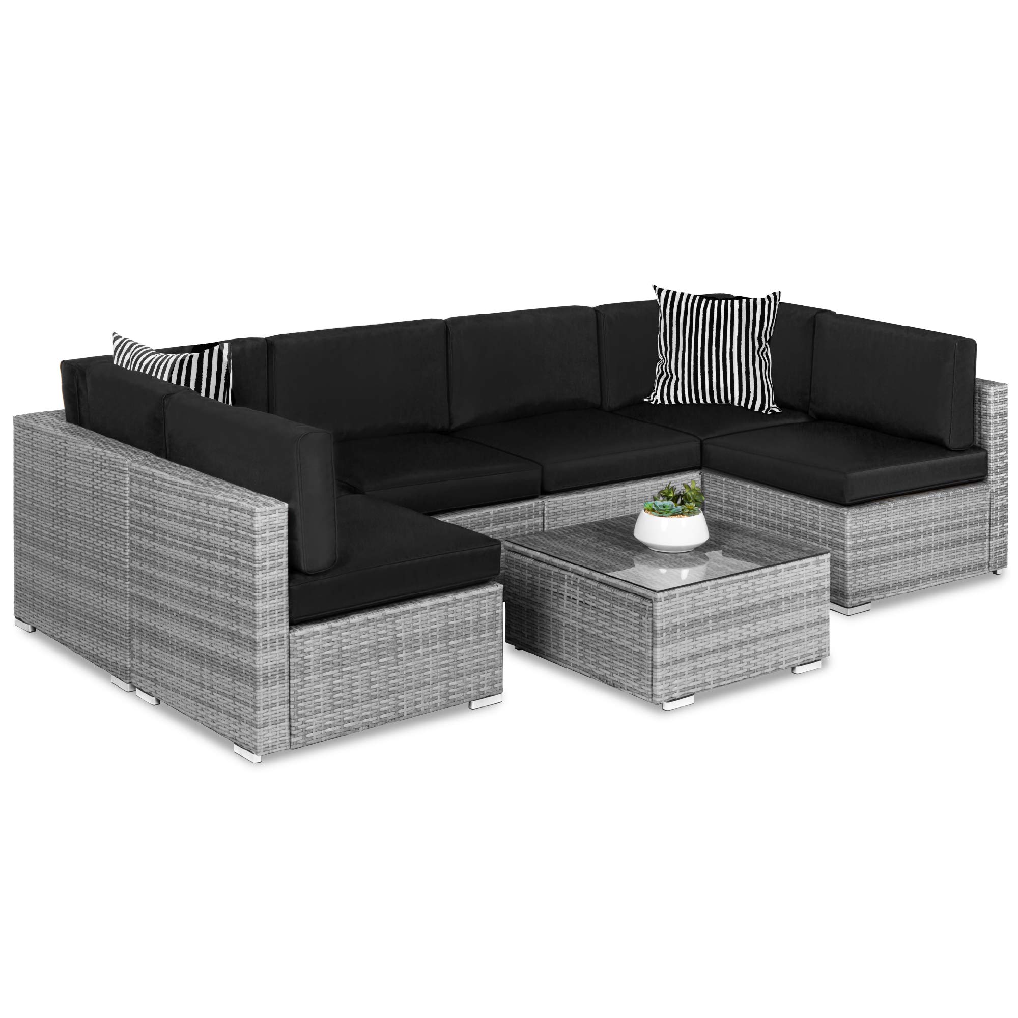 Best Choice Products 7-Piece Modular Outdoor Sectional Wicker Patio Conversation Set w/ 2 Pillows, Coffee Table, Cover Included - Gray/Black