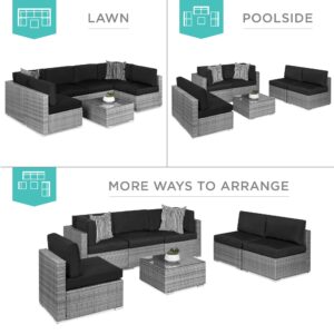 Best Choice Products 7-Piece Modular Outdoor Sectional Wicker Patio Conversation Set w/ 2 Pillows, Coffee Table, Cover Included - Gray/Black