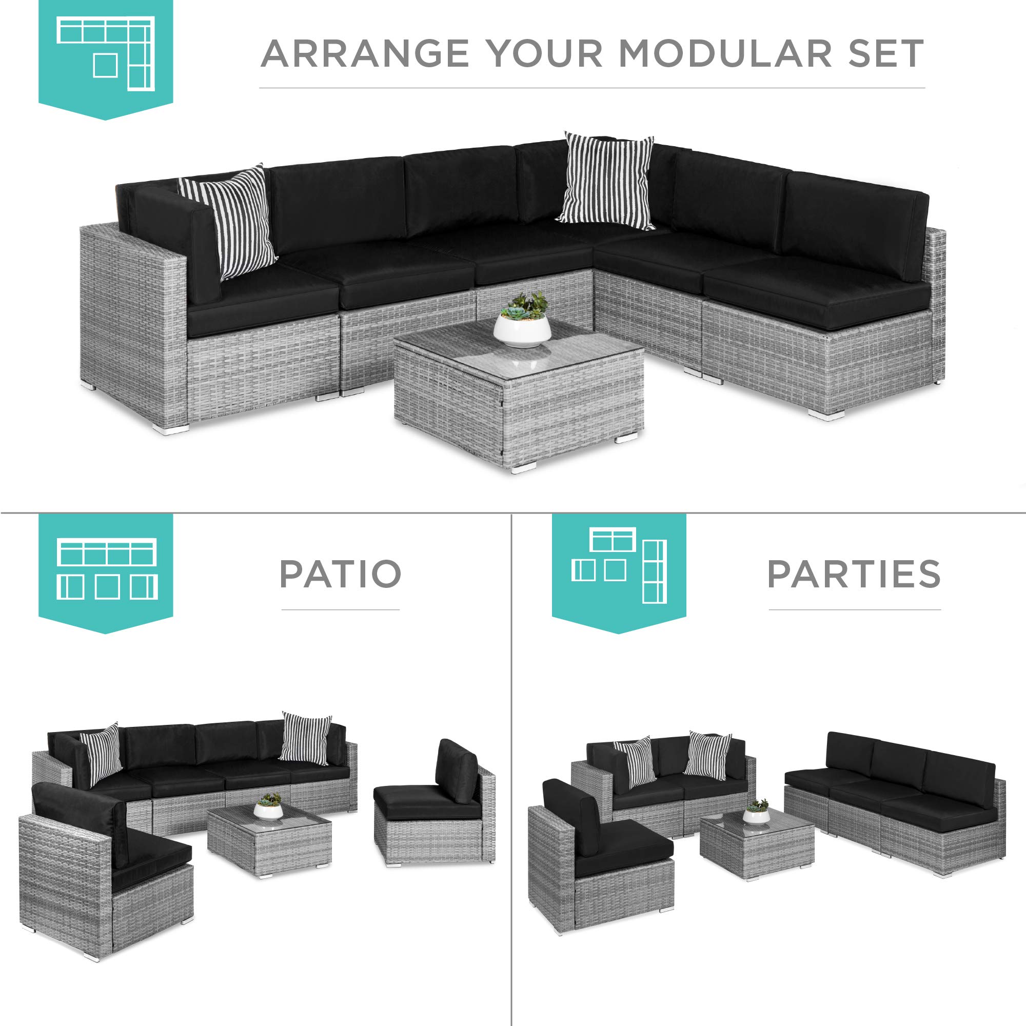 Best Choice Products 7-Piece Modular Outdoor Sectional Wicker Patio Conversation Set w/ 2 Pillows, Coffee Table, Cover Included - Gray/Black