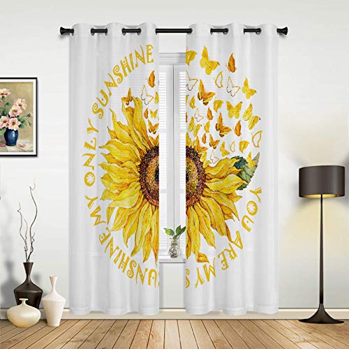 Big buy store Blackout Curtains Panels Sunflower Butterfly Thermal Insulated Grommet Window Curtains White Background Room Darkening Curtain Drapes for Bedroom & Living Room 52inches W x 84inches L