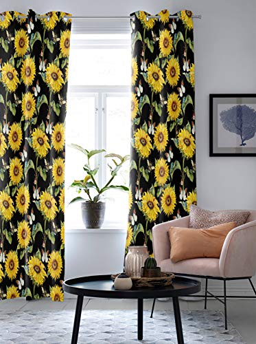 Big buy store Blackout Curtains Panels Sunflower Bee Butterfly Thermal Insulated Grommet Window Curtains Black Room Darkening Curtain Drapes for Bedroom & Living Room 52inches W x 96inches L