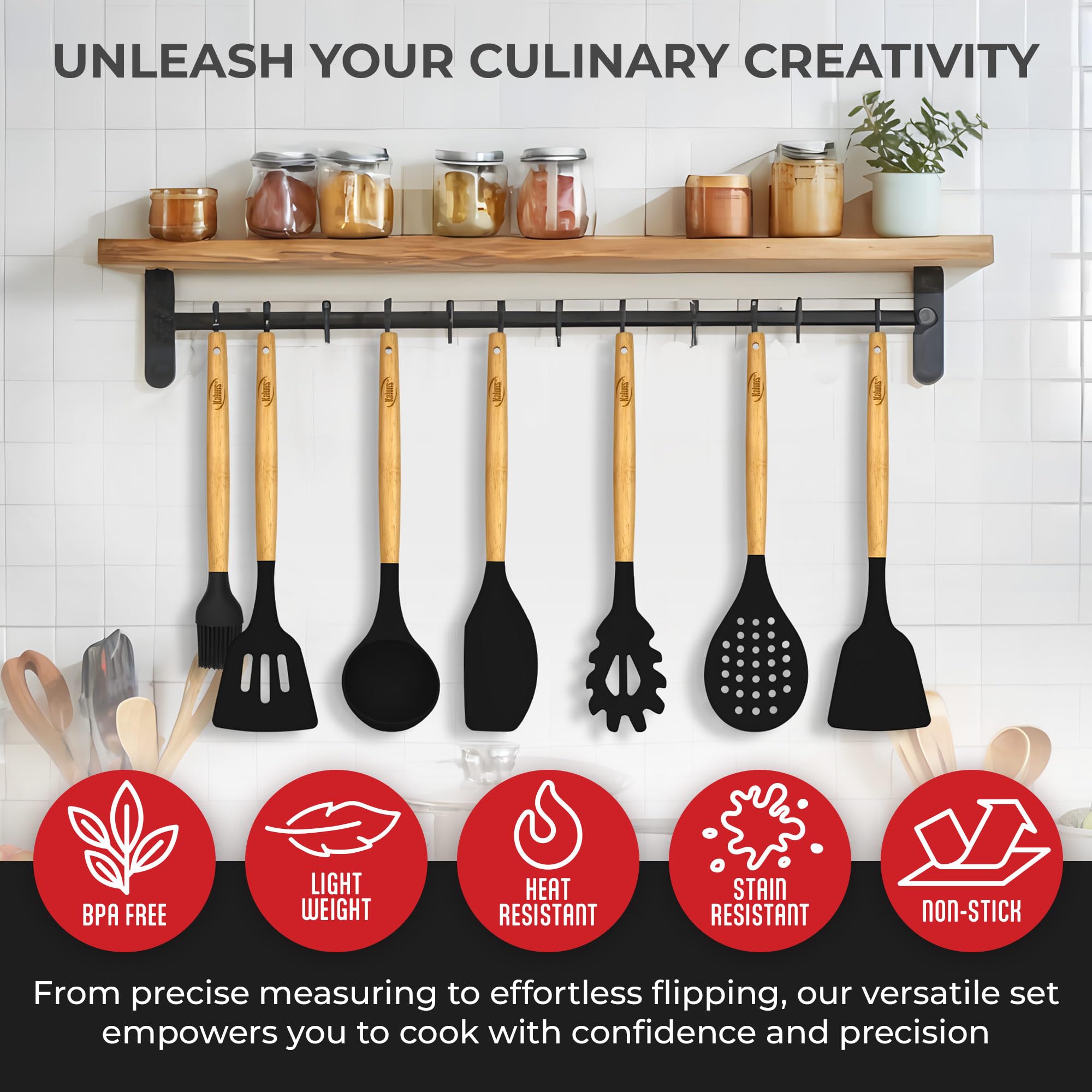 Kaluns Silicone Kitchen Utensils Set, Premium Non Stick Silicone Cooking Utensils Set - 21 Pcs Wooden Handle Silicone Spatula Set 446°F Heat Resistant - Kitchen Gadgets Home Essentials