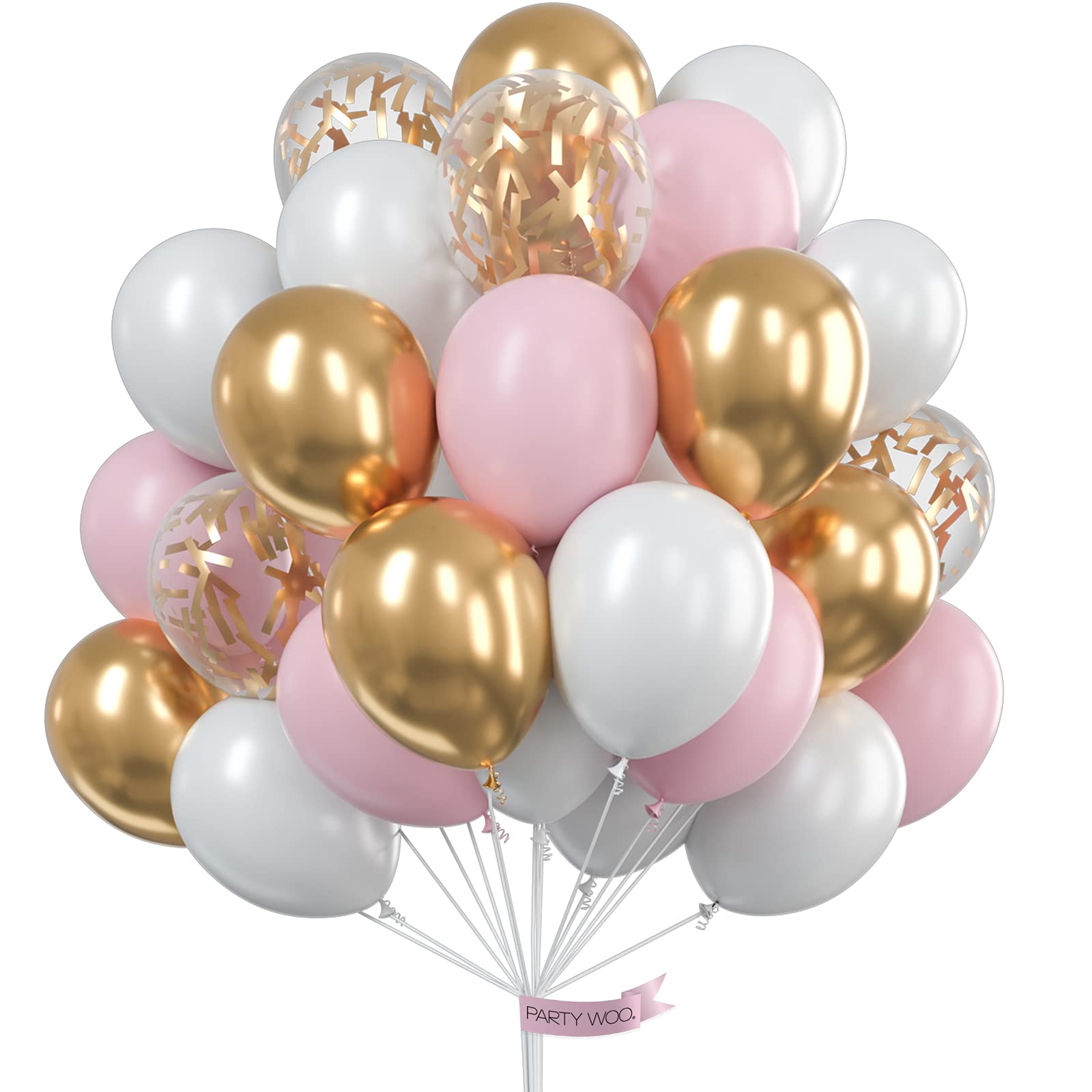 PartyWoo Pink and Gold Balloons, 60 pcs Pink Balloons, Metallic Balloons, Gold Confetti Balloons, White Balloons, Party Balloons, Latex Balloons, Birthday Party Decorations, Pink Party Decorations