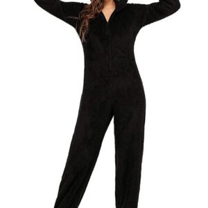 chouyatou Women's Ultra Comfy Lounge Furry Sherpa Romper Onesie Pajamas Cute Ear Hood (Large, Black)