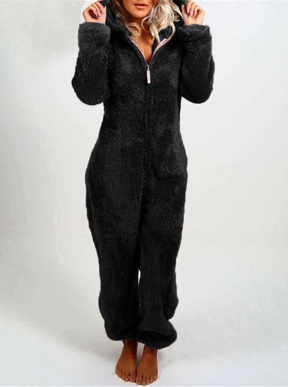 chouyatou Women's Ultra Comfy Lounge Furry Sherpa Romper Onesie Pajamas Cute Ear Hood (Large, Black)