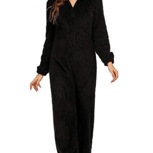 chouyatou Women's Ultra Comfy Lounge Furry Sherpa Romper Onesie Pajamas Cute Ear Hood (Large, Black)