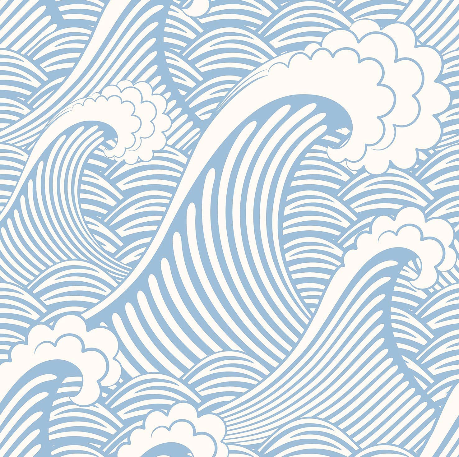 Blooming Wall CPS030 Peel&Stick Handpainting Seamless Blue White Waves Sea Sprays Self-Adhesive Prepasted Wallpaper Wall Mural (17.7“x118”)