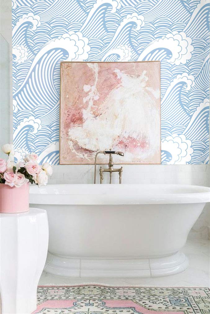 Blooming Wall CPS030 Peel&Stick Handpainting Seamless Blue White Waves Sea Sprays Self-Adhesive Prepasted Wallpaper Wall Mural (17.7“x118”)