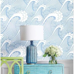 Blooming Wall CPS030 Peel&Stick Handpainting Seamless Blue White Waves Sea Sprays Self-Adhesive Prepasted Wallpaper Wall Mural (17.7“x118”)