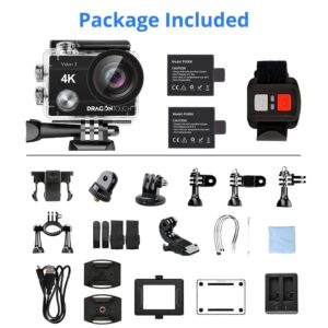 Dragon Touch 4K Action Camera 20MP Vision 3 Underwater Waterproof Camera 170° Wide Angle WiFi Sports Cam with Remote and Mounting Accessories Kit