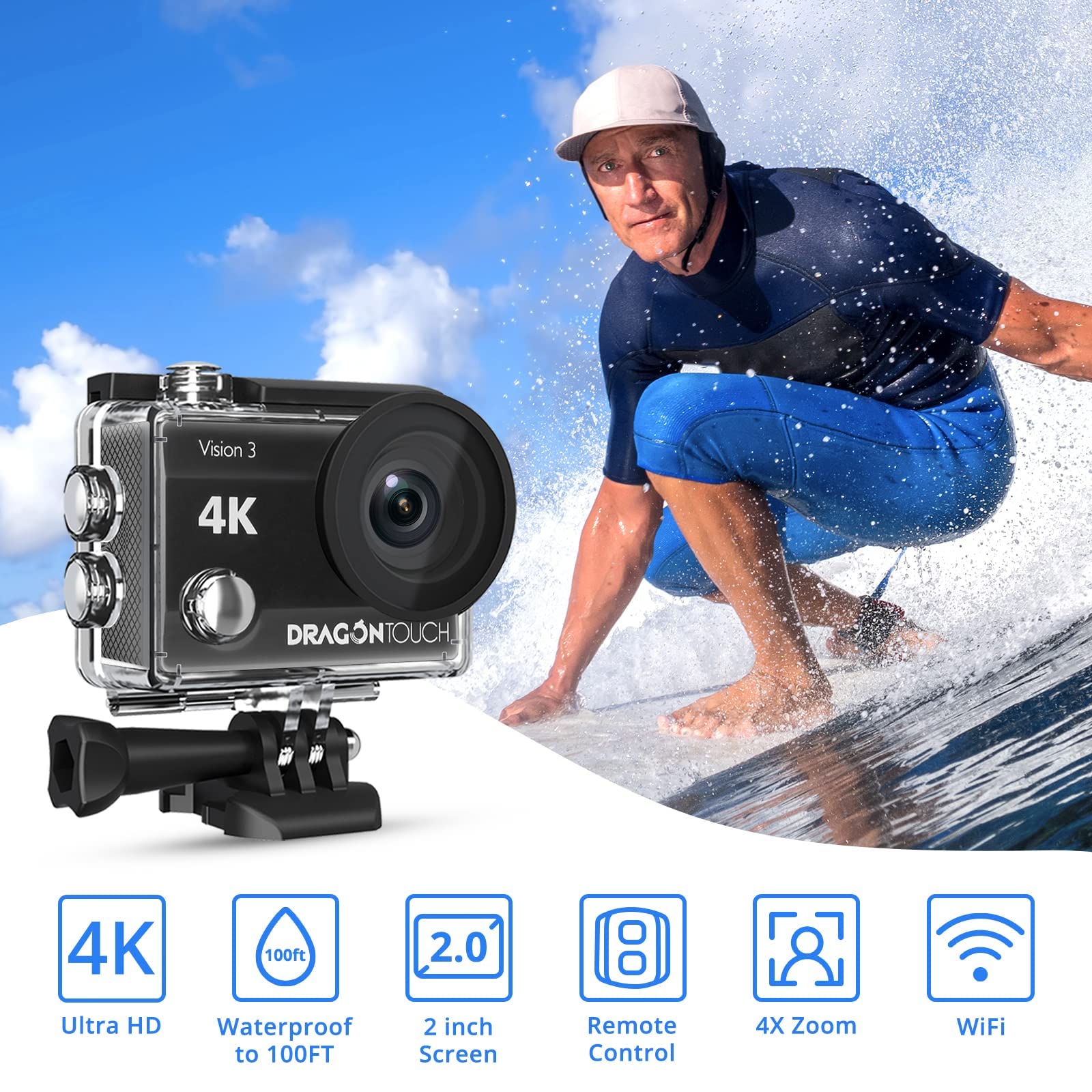 Dragon Touch 4K Action Camera 20MP Vision 3 Underwater Waterproof Camera 170° Wide Angle WiFi Sports Cam with Remote and Mounting Accessories Kit