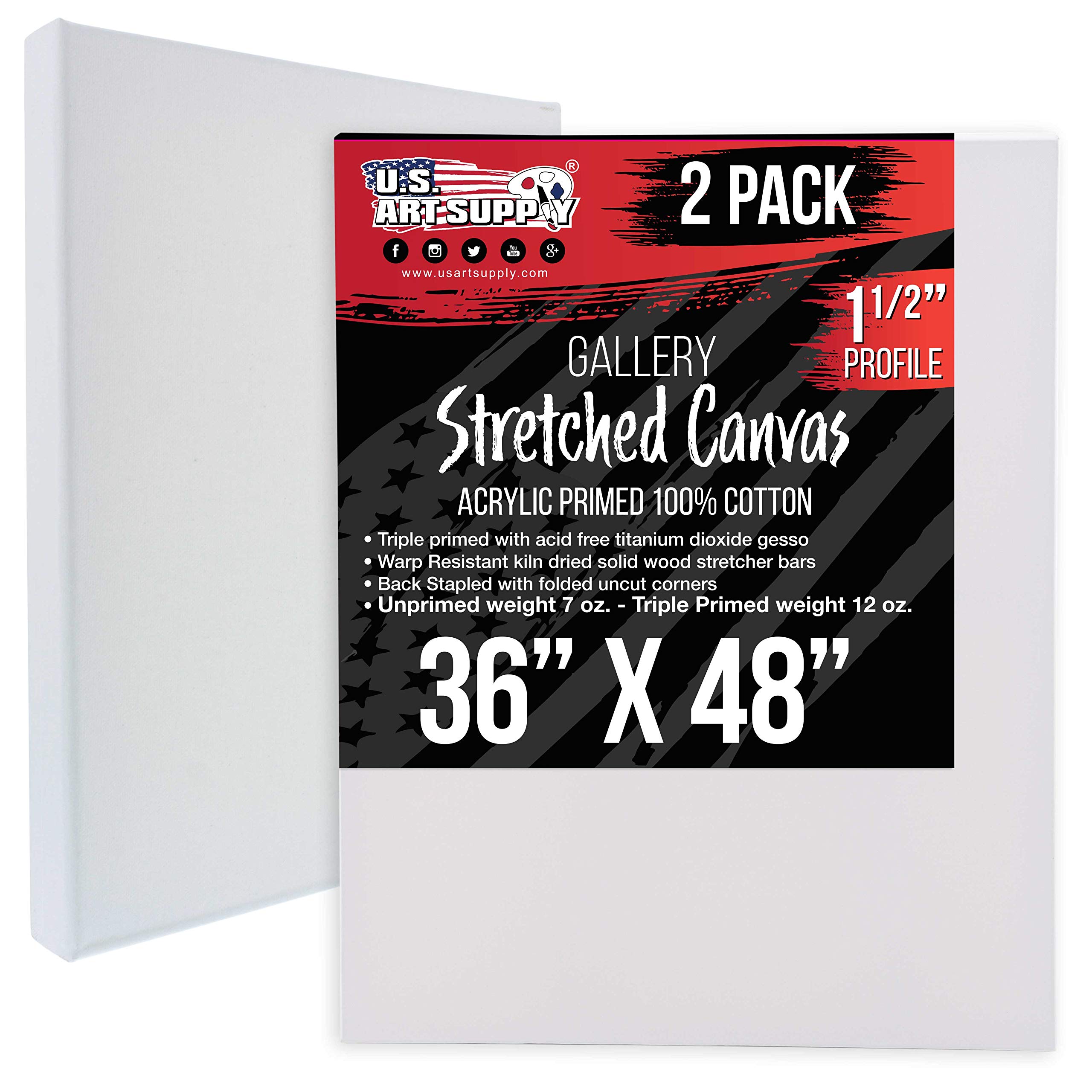 U.S. Art Supply 36 x 48 inch Gallery Depth 1-1/2" Profile Stretched Canvas, 2-Pack - 12-Ounce Acrylic Gesso Triple Primed, Professional Artist Quality, 100% Cotton - Acrylic Pouring, Oil Painting