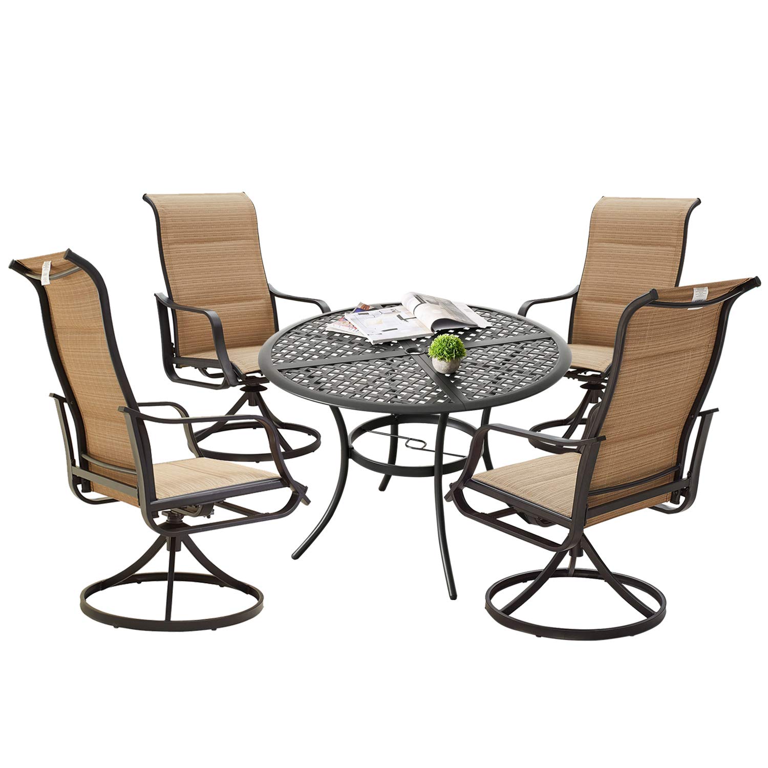 PatioFestival Patio Dining Set Outdoor Furniture Swivel Rocker Chairs Round Metal Table Sets with All Weather Frame (5Pcs, Beige)