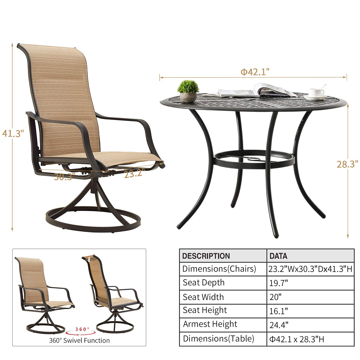 PatioFestival Patio Dining Set Outdoor Furniture Swivel Rocker Chairs Round Metal Table Sets with All Weather Frame (5Pcs, Beige)