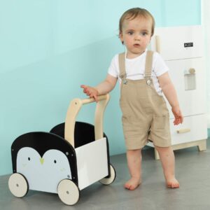 labebe Wooden Push Learning Walker for Toddler Boys/Girls 1 Year Old Up, 2-in-1 Baby Stroller Walker Toy with Wheels, Child Pushing Walker Toy Cute Penguin(L 15.4 X W 12 X H 17.3 INCH)