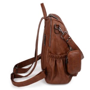 UTO Women Backpack Purse Leather Vegan Convertible Ladies Rucksack Zipper Pocket Shoulder Bag with Detachable Pouch Two-tone Brown