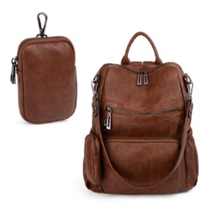 UTO Women Backpack Purse Leather Vegan Convertible Ladies Rucksack Zipper Pocket Shoulder Bag with Detachable Pouch Two-tone Brown