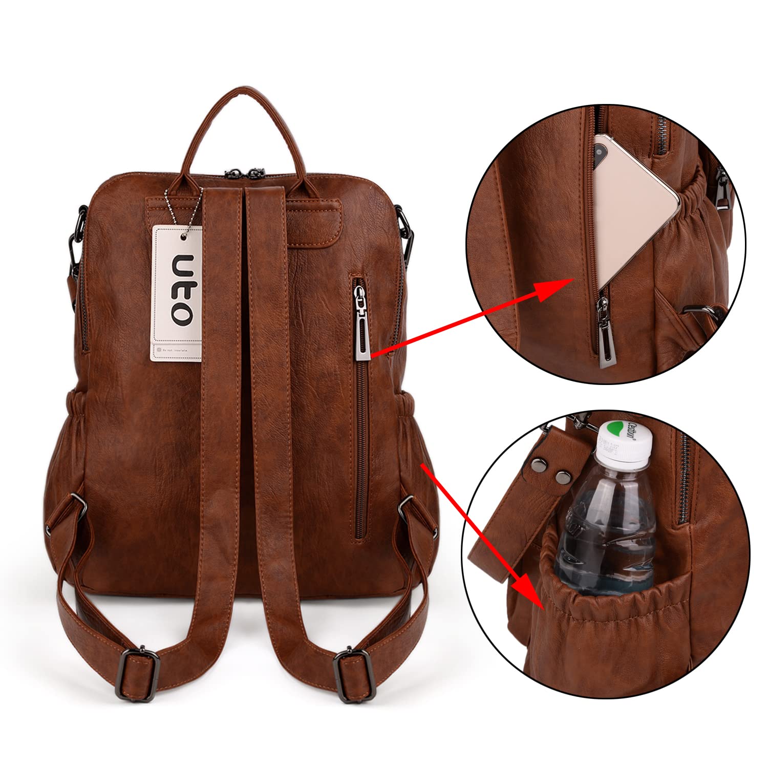 UTO Women Backpack Purse Leather Vegan Convertible Ladies Rucksack Zipper Pocket Shoulder Bag with Detachable Pouch Two-tone Brown