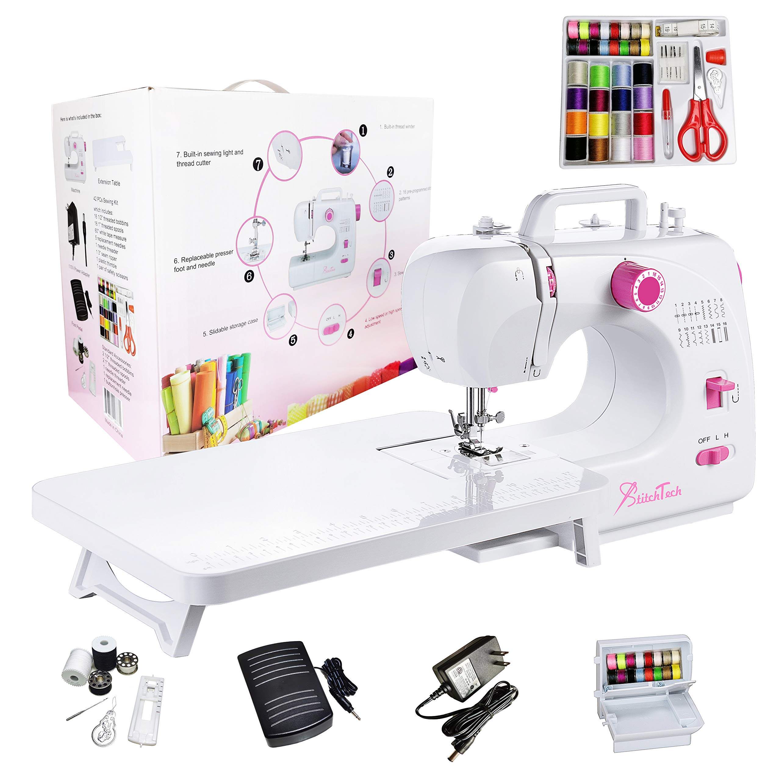 StitchTech Portable Multi-function Home Sewing Machine 16 Built-in Stitches Dual Spread Control Reverse Sewing with LED Light Comes with an Extension Table and 42 PCs Sewing Kit