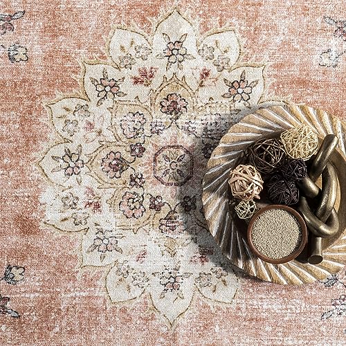 nuLOOM Ren Vintage Floral Machine Washable Ultra Thin Area Rug, 4x6, Peach