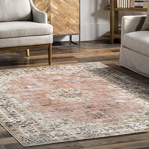 nuLOOM Ren Vintage Floral Machine Washable Ultra Thin Area Rug, 4x6, Peach