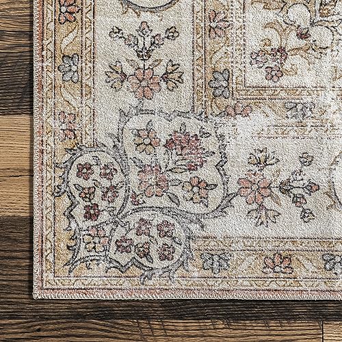 nuLOOM Ren Vintage Floral Machine Washable Ultra Thin Area Rug, 4x6, Peach