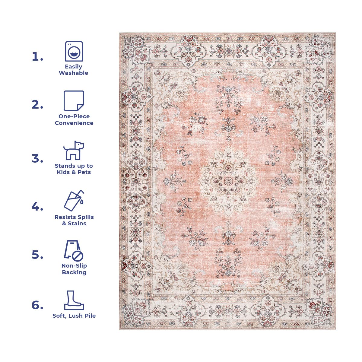 nuLOOM Ren Vintage Floral Machine Washable Ultra Thin Area Rug, 4x6, Peach