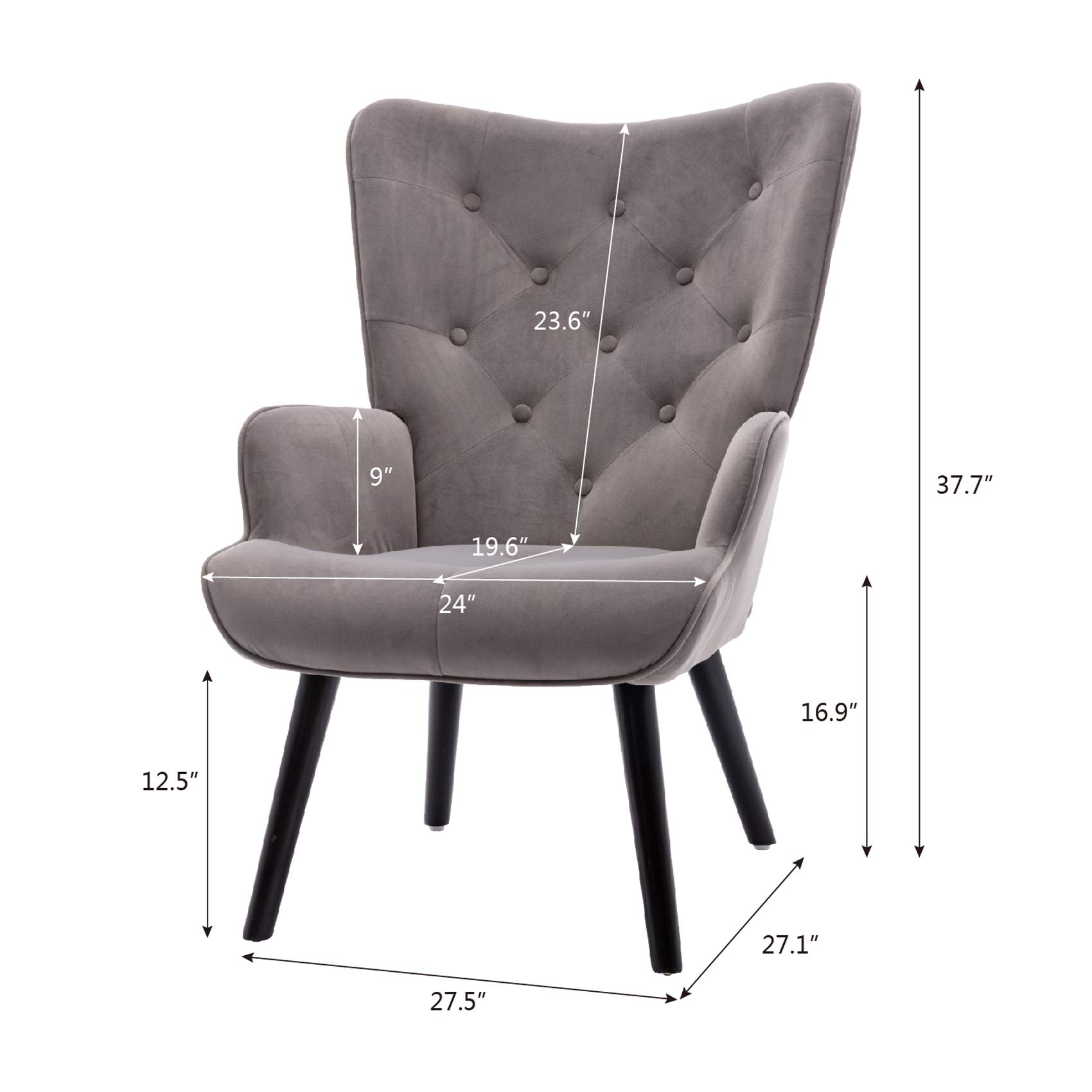 Dolonm Velvet Accent Chair Modern Tufted Button Wingback Vanity Chair with Arms Upholstered Tall Back Desk Chair with Solid Wood Legs for Living Room Bedroom Waiting Room(Silver Grey)