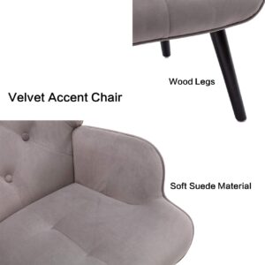 Dolonm Velvet Accent Chair Modern Tufted Button Wingback Vanity Chair with Arms Upholstered Tall Back Desk Chair with Solid Wood Legs for Living Room Bedroom Waiting Room(Silver Grey)