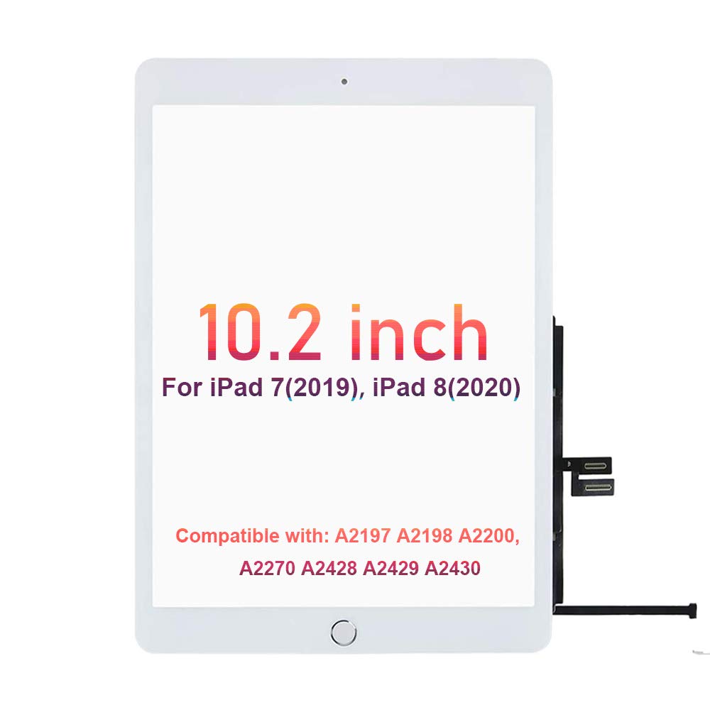 for iPad 7th/8th Generation Screen Replacement Digitizer 10.2"(A2197,A2198,A2200,A2270,A2428,A2429,A2430),for iPad 7/8 Screen Replacement Parts(NO LCD),+Home Button+Pre-Installed+Repair Tools(White)