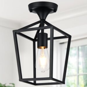 【Upgraded】 Semi Flush Mount Ceiling Light, Black Industrial Ceiling Light Fixtures, Farmhouse Light Fixture for Entryway Porch Hallway Stairway Garage Living Room Dining Room Balcony