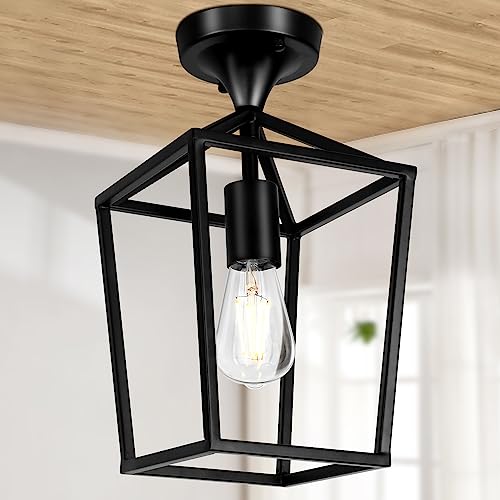 【Upgraded】 Semi Flush Mount Ceiling Light, Black Industrial Ceiling Light Fixtures, Farmhouse Light Fixture for Entryway Porch Hallway Stairway Garage Living Room Dining Room Balcony