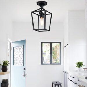 【Upgraded】 Semi Flush Mount Ceiling Light, Black Industrial Ceiling Light Fixtures, Farmhouse Light Fixture for Entryway Porch Hallway Stairway Garage Living Room Dining Room Balcony