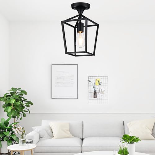 【Upgraded】 Semi Flush Mount Ceiling Light, Black Industrial Ceiling Light Fixtures, Farmhouse Light Fixture for Entryway Porch Hallway Stairway Garage Living Room Dining Room Balcony