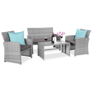 best choice products 4-piece outdoor wicker patio conversation furniture set for backyard w/coffee table, seat cushions - gray/gray