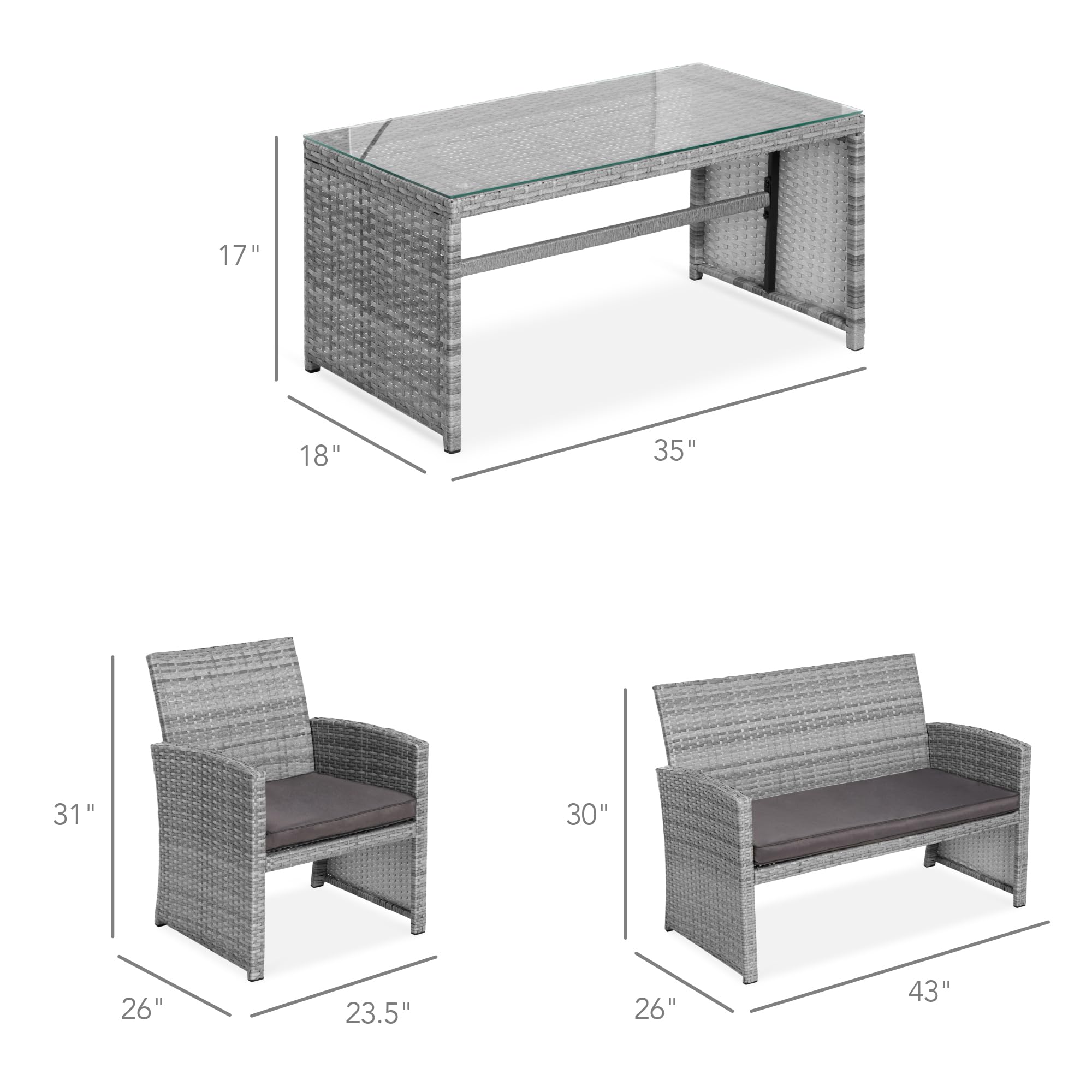 Best Choice Products 4-Piece Outdoor Wicker Patio Conversation Furniture Set for Backyard w/Coffee Table, Seat Cushions - Gray/Gray