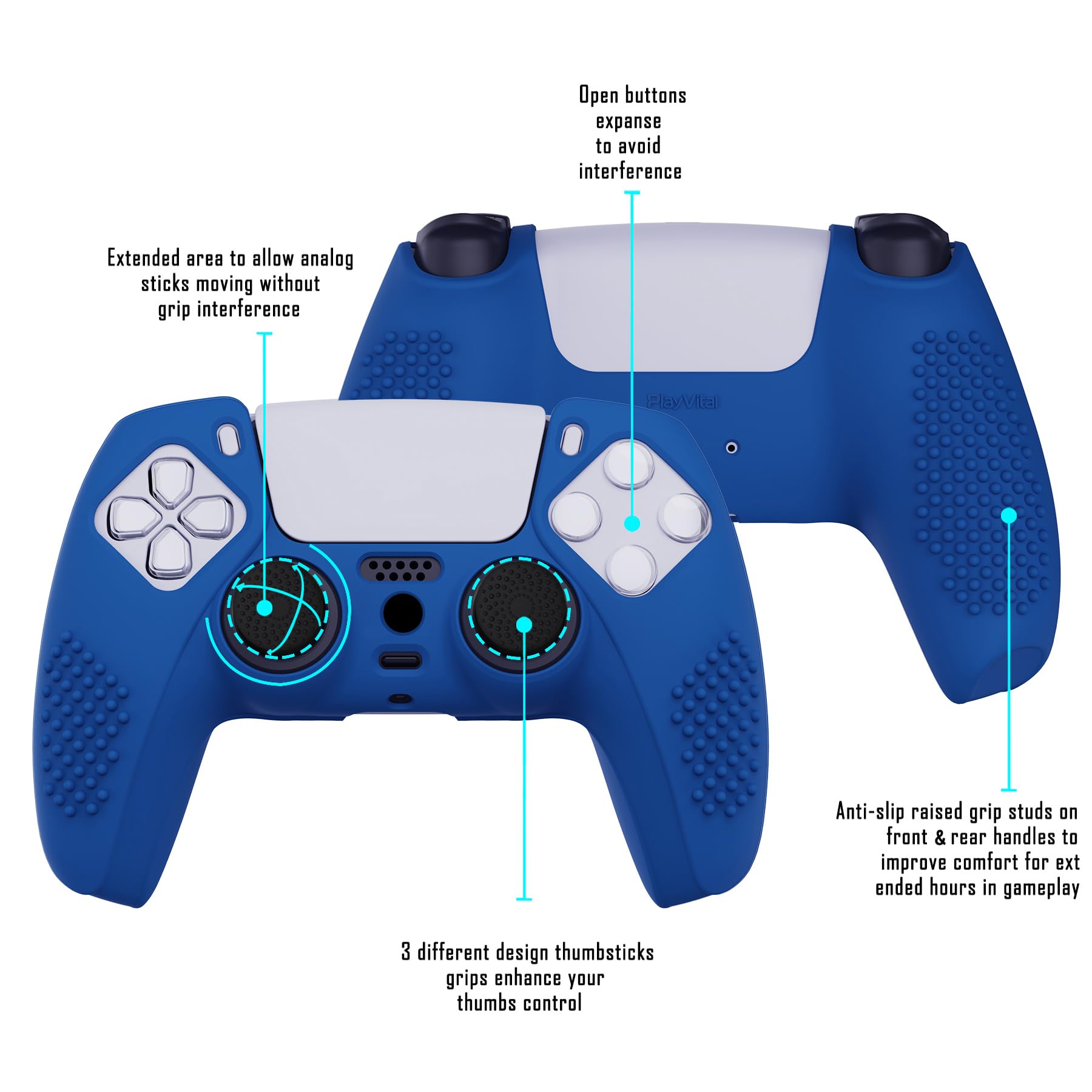 eXtremeRate PlayVital Blue 3D Studded Edition Anti-Slip Silicone Cover Skin for ps5 Controller, Soft Rubber Case Protector for ps5 Wireless Controller with 6 Black Thumb Grip Caps