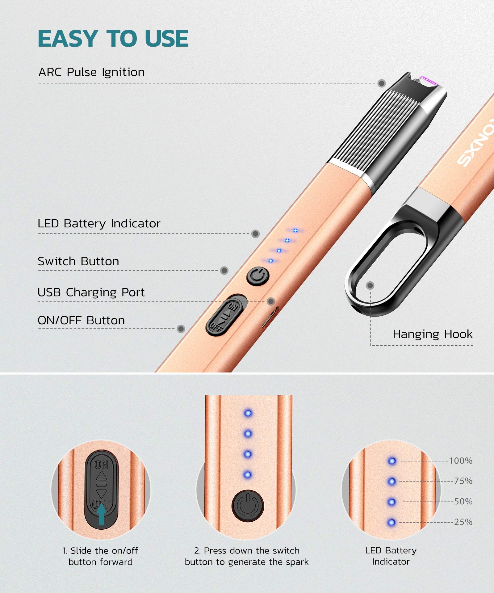 RONXS Electric Lighter, Candle Lighter with Safety Lock Windproof Flamless Arc Rechargeable Long Lighter with Battery Indicator (Black&Champagne 2pcs)