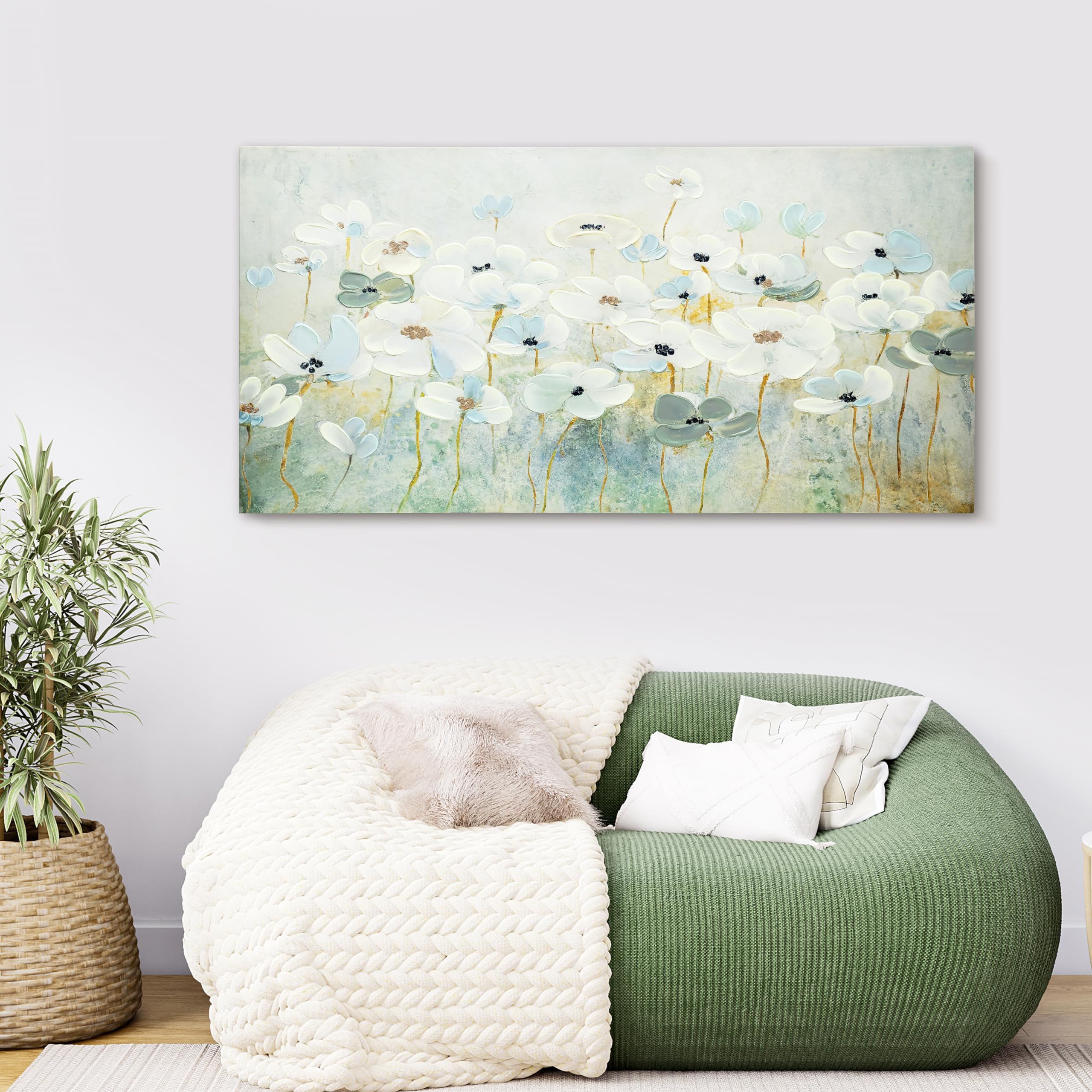 ArtbyHannah Wall Paintings Large Canvas Wall Art Wall Decor Living Room Textured 3D Hand-Painted Oil Painting Flowers Wall Art for Office Bedroom, 24x48