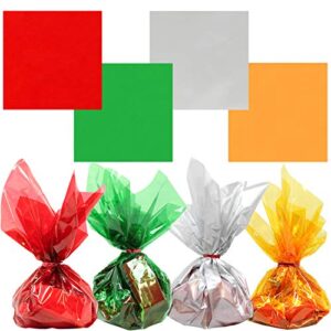 AnapoliZ Cellophane Sheets 120 pcs Pack | (12 x 12 inch) 4 Mix Colors 2.3 Mil | Translucent Holiday, Christmas Cello Sheets - Green, Red, Silver, Gold | Glossy Xmas Colors Sheets for Treats, Crafts