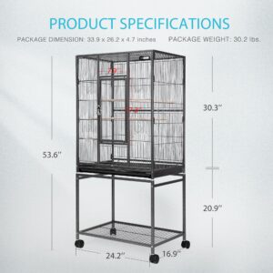 VIVOHOME 54 Inch Wrought Iron Large Bird Flight Cage with Rolling Stand for Parakeets Canaries Cockatiels Lovebirds Conures, Black