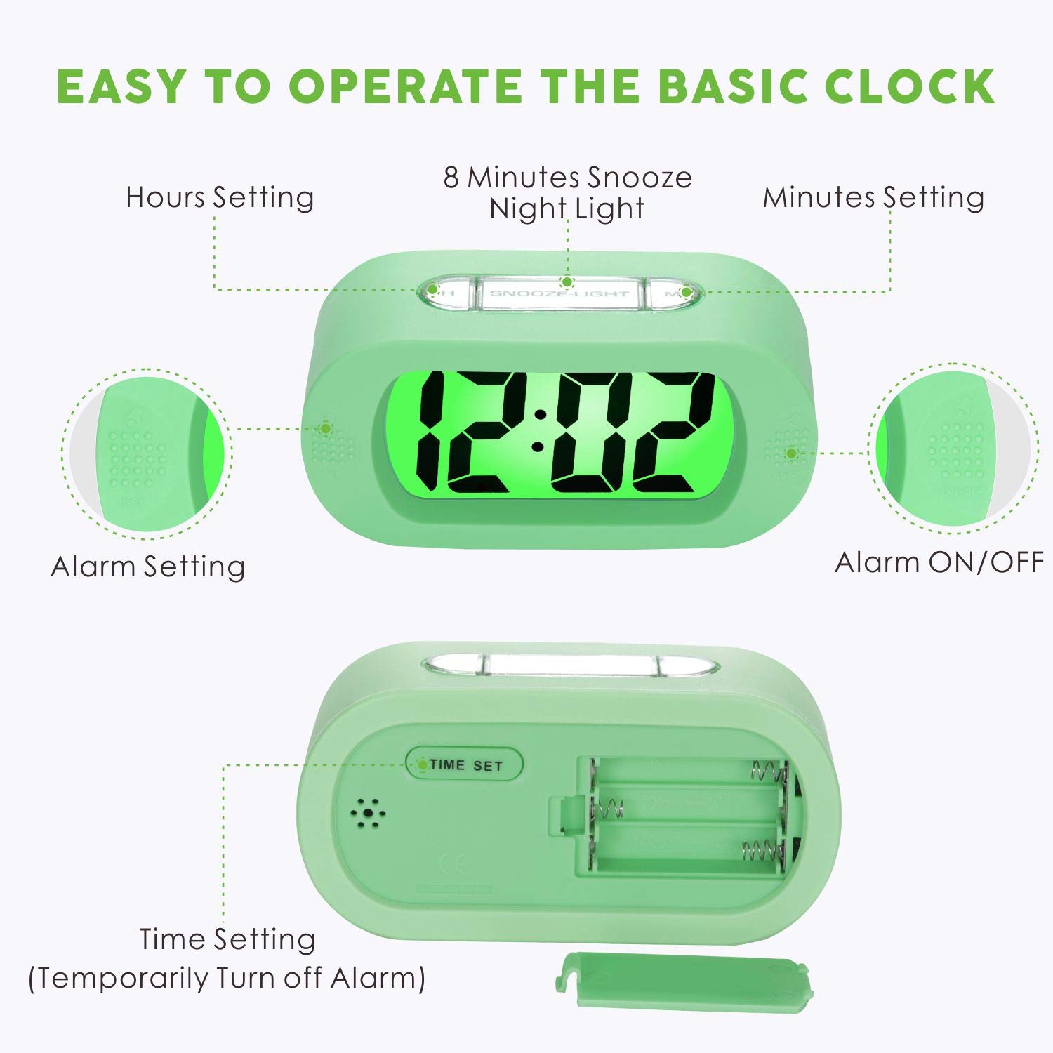 Plumeet Kids Alarm Clock Large Digital LCD Travel Alarm Clocks with Snooze and Night Light - Ascending Sound and Handheld Size - Best Gift for Kids (Cyan)