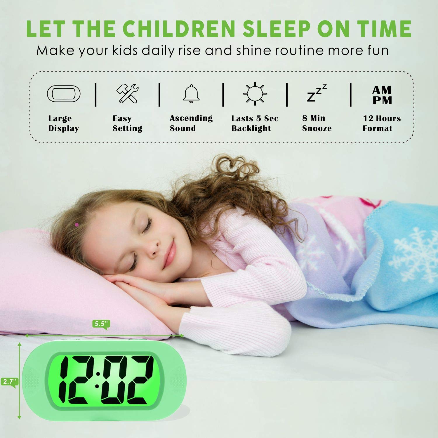 Plumeet Kids Alarm Clock Large Digital LCD Travel Alarm Clocks with Snooze and Night Light - Ascending Sound and Handheld Size - Best Gift for Kids (Cyan)