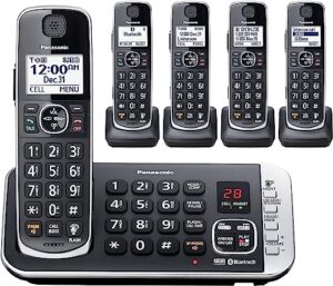 panasonic link2cell bluetooth dect 6.0 expandable cordless phone system with answering machine and enhanced noise reduction - 5 handsets - kx-tge675b (black)