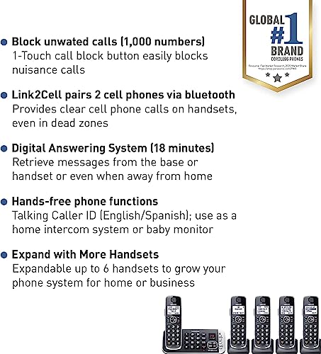 Panasonic Link2Cell Bluetooth DECT 6.0 Expandable Cordless Phone System with Answering Machine and Enhanced Noise Reduction - 5 Handsets - KX-TGE675B (Black)